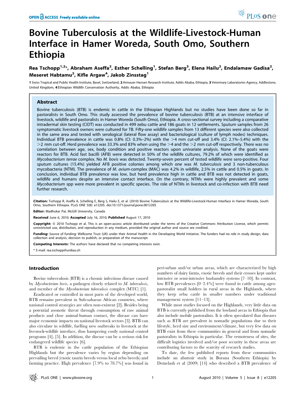 Bovine Tuberculosis at the Wildlife-Livestock-Human Interface in Hamer Woreda, South Omo, Southern Ethiopia