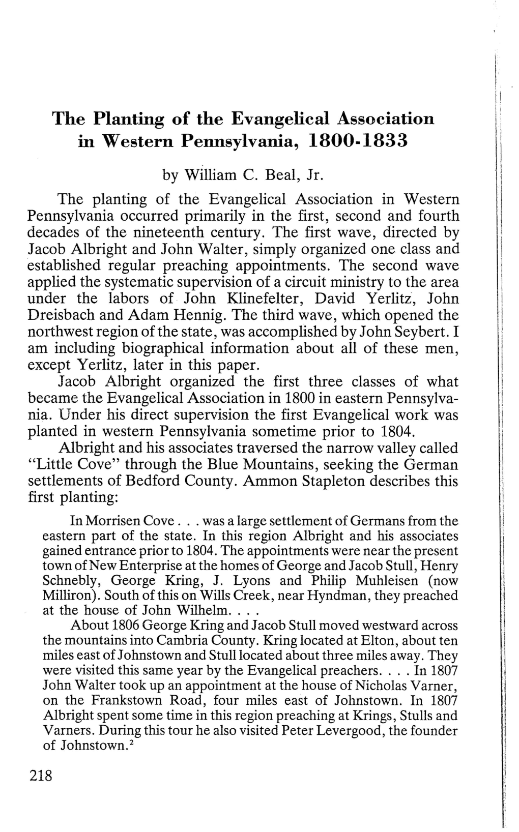 The Planting of the Evangelical Association in Western Pennsylvania, 1800·1833