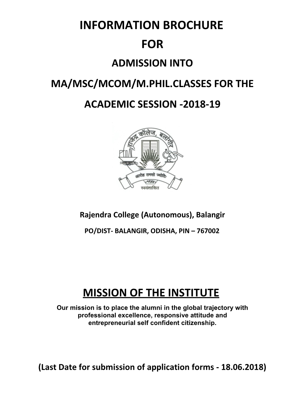 Admission Into Ma/Msc/Mcom/M.Phil.Classes for the Academic Session -2018-19