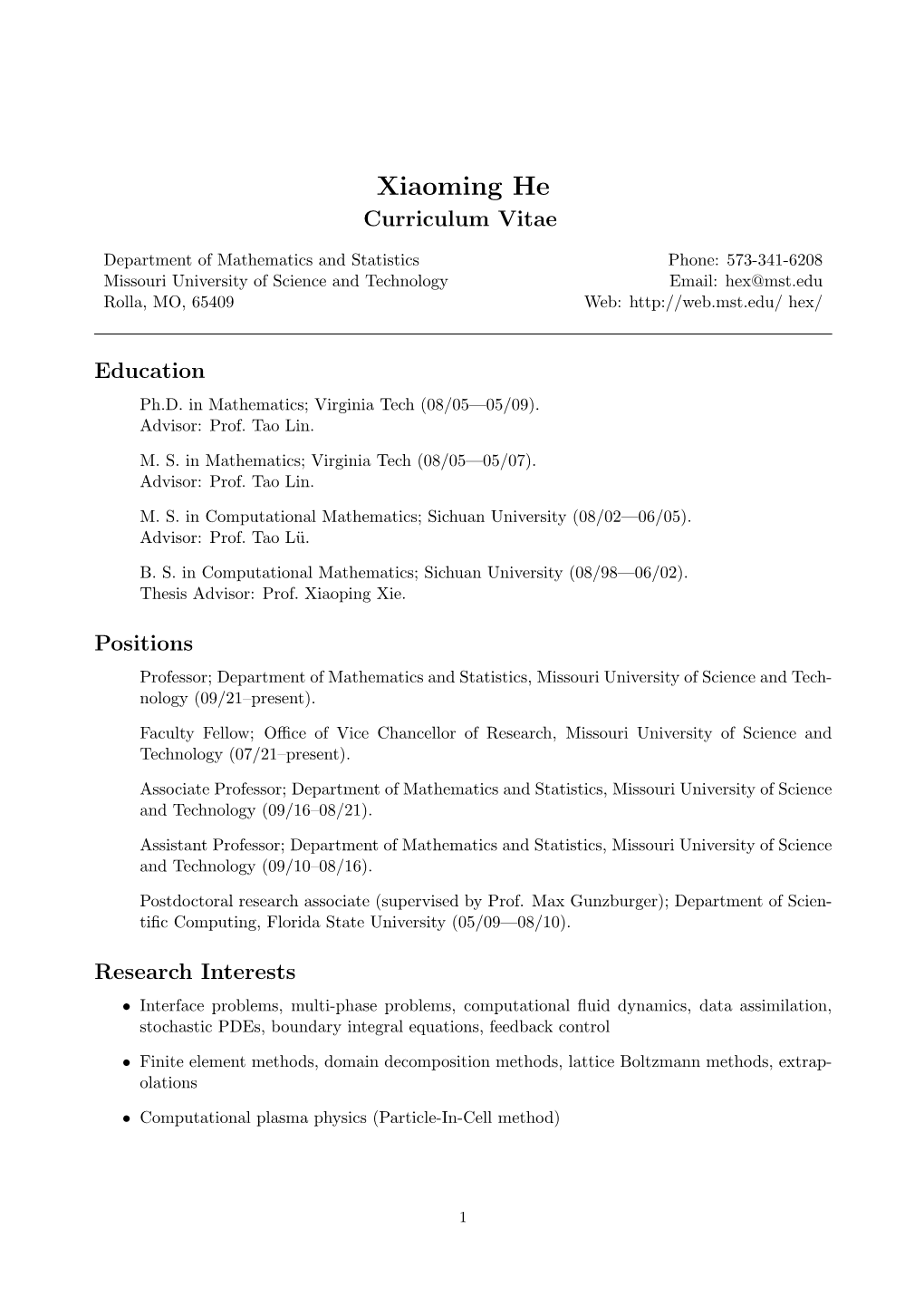 Xiaoming He Curriculum Vitae