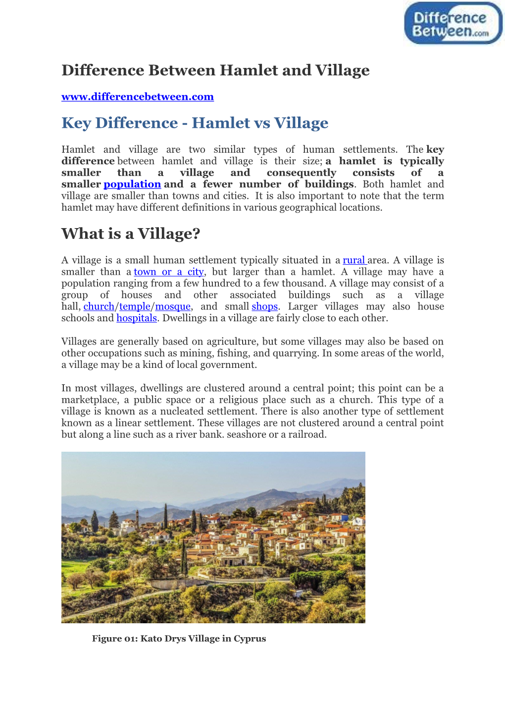 Difference Between Hamlet and Village Key Difference - Hamlet Vs Village