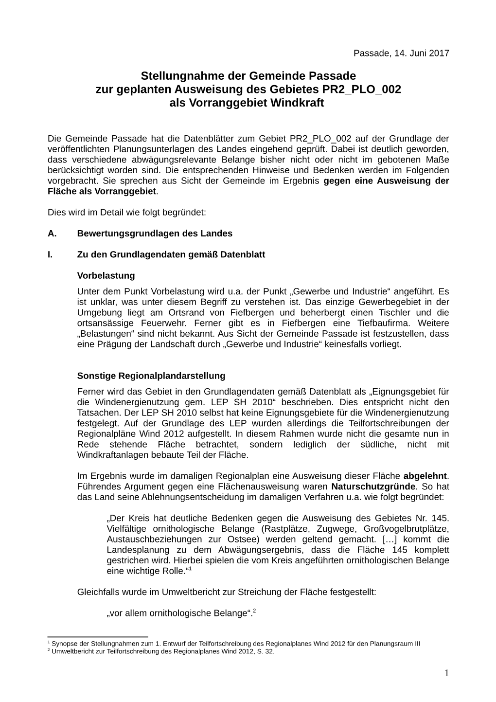 Stellungnahme Der Gemeinde Passade Zur Geplanten Ausweisung Des Gebietes PR2 PLO 002 Als Vorranggebiet Windkraft