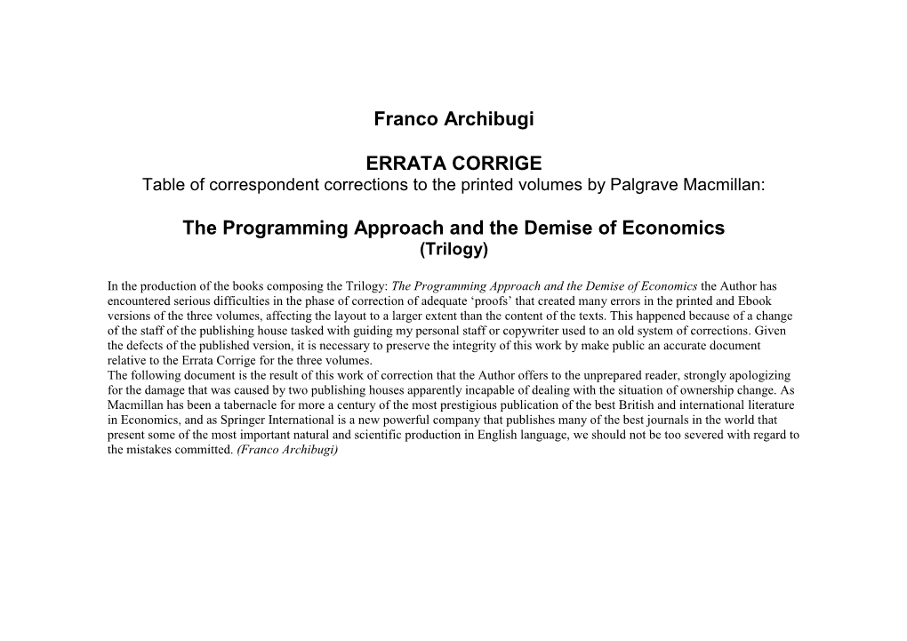 Franco Archibugi ERRATA CORRIGE the Programming Approach
