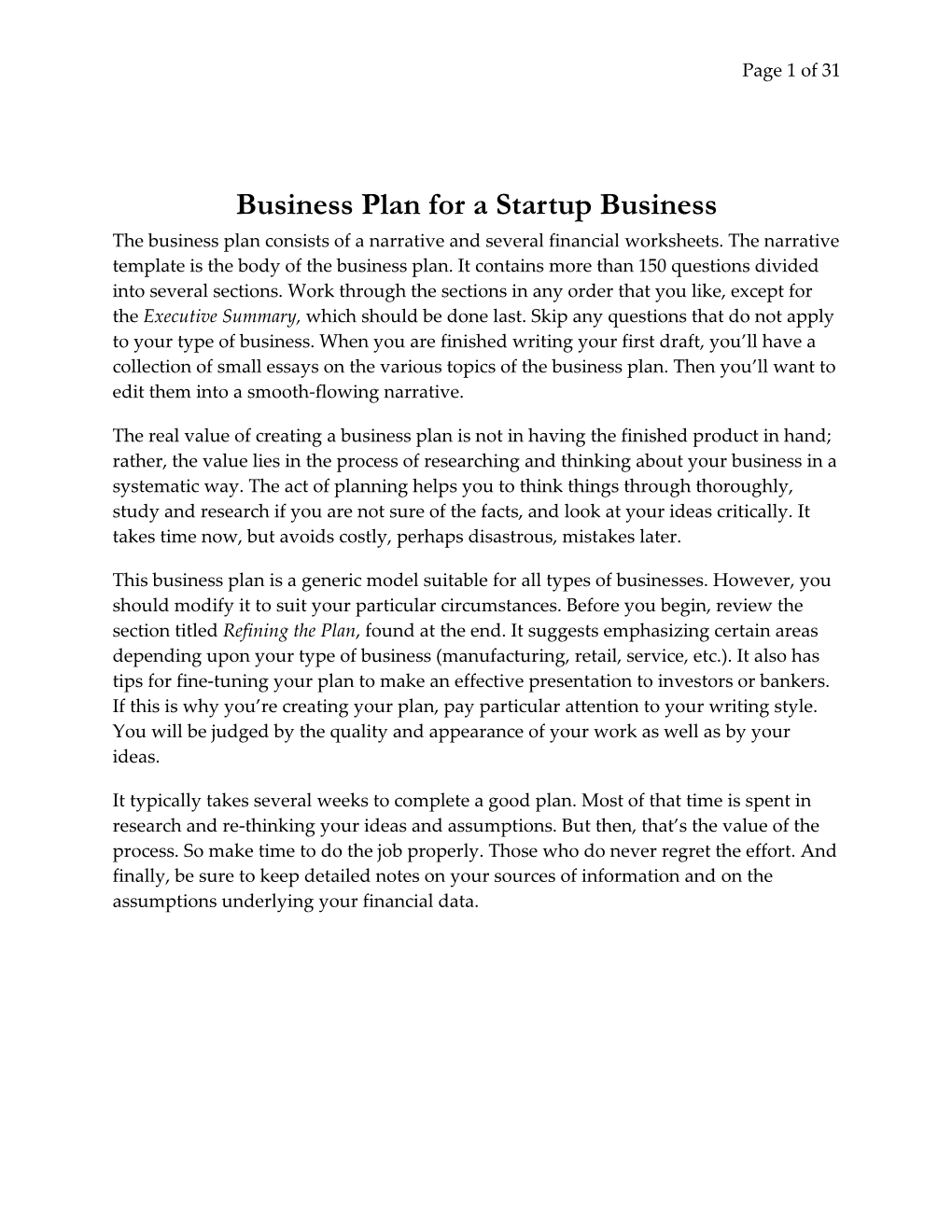 Business Plan for a Startup Business the Business Plan Consists of a Narrative and Several Financial Worksheets