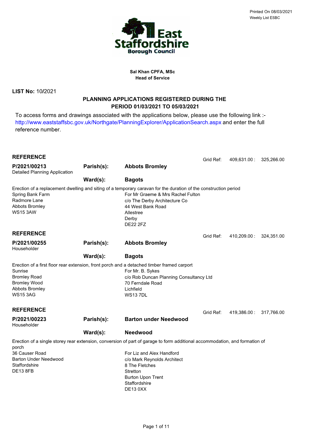 Application List Week Ending 05.03.21