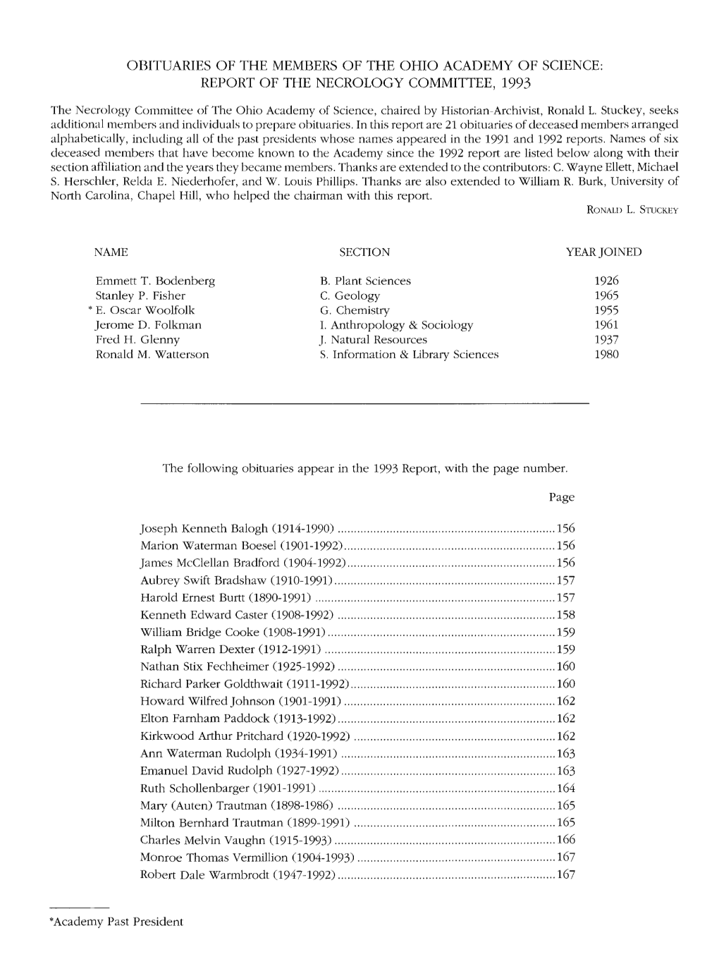 Obituaries of the Members of the Ohio Academy of Science: Report of the Necrology Committee, 1993