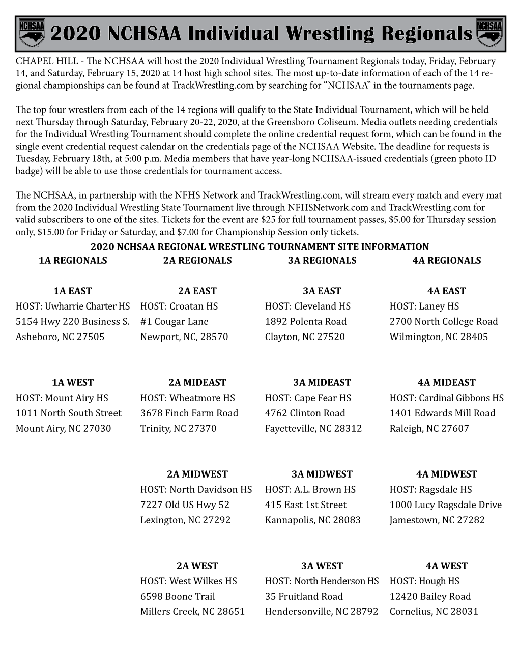 2020 NCHSAA Individual Wrestling Regionals