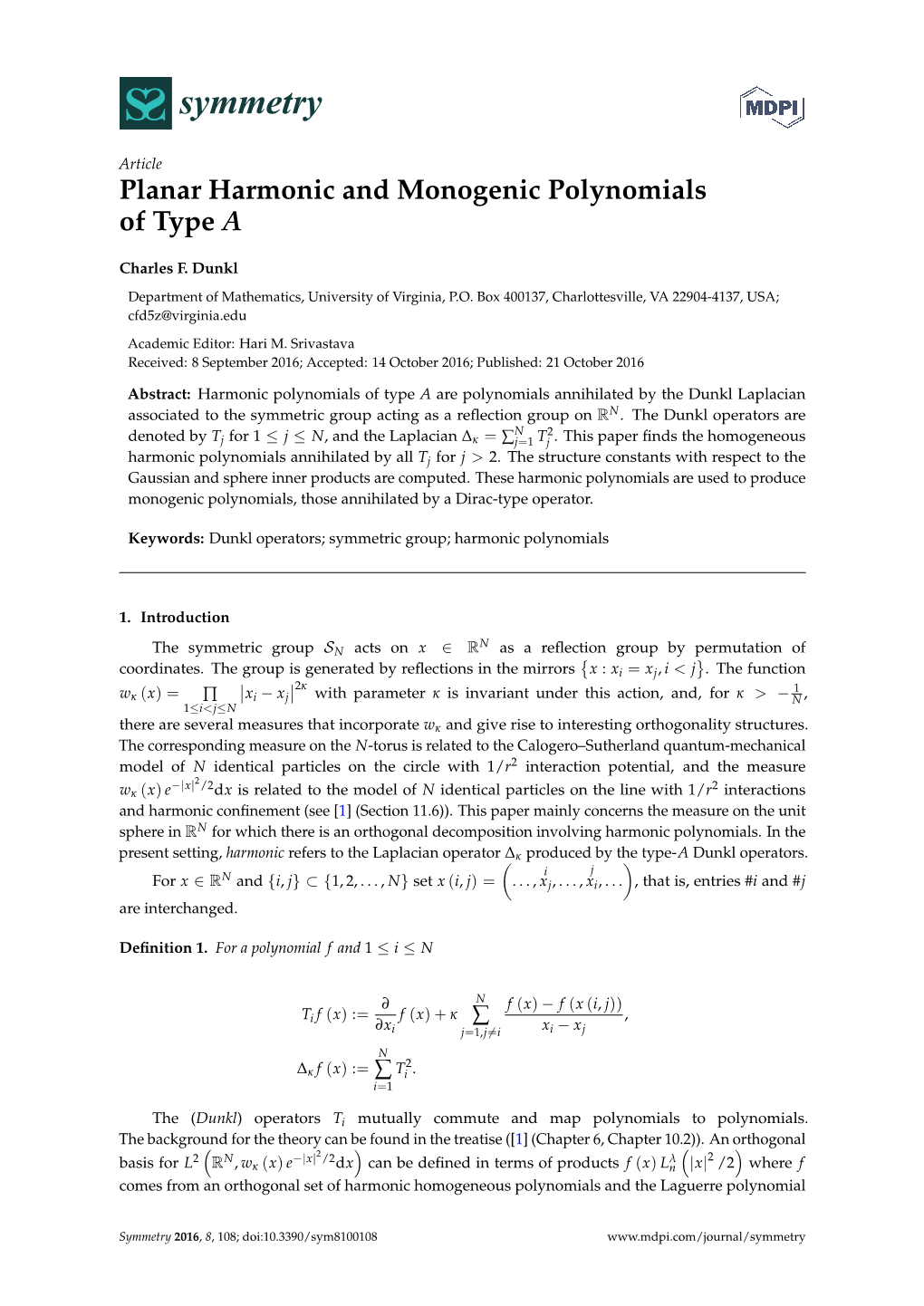 Planar Harmonic and Monogenic Polynomials of Type A