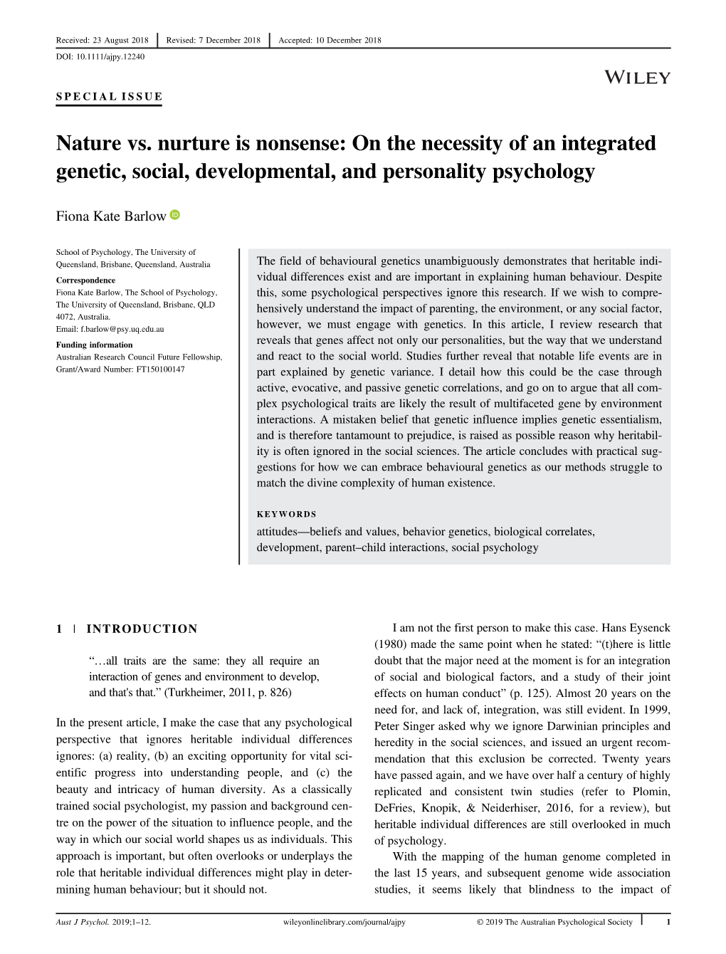 Nature Vs. Nurture Is Nonsense: on the Necessity of an Integrated Genetic, Social, Developmental, and Personality Psychology