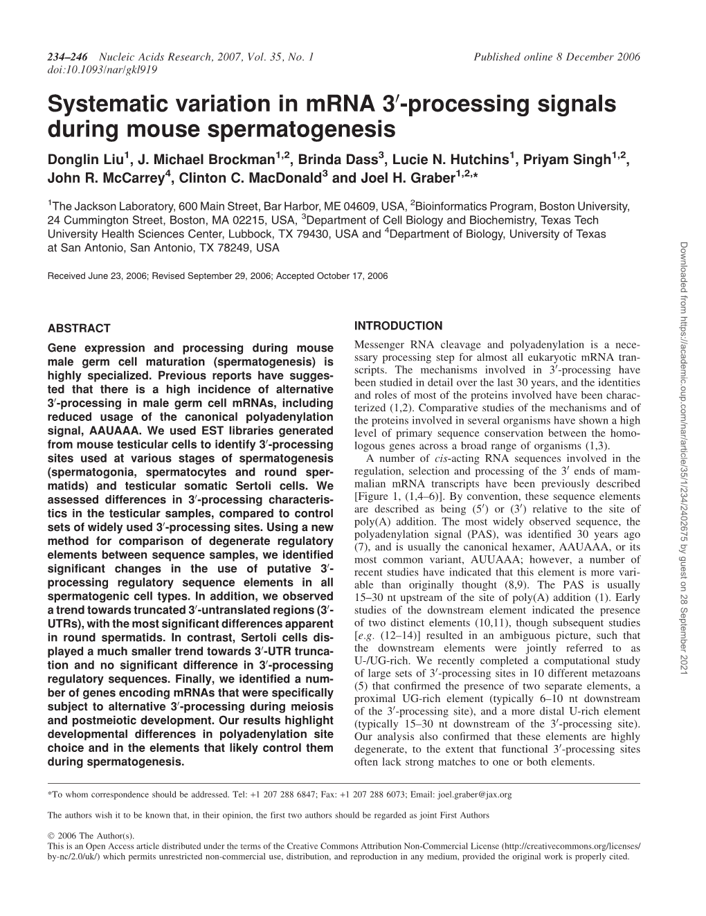 Processing Signals During Mouse Spermatogenesis Donglin Liu1, J