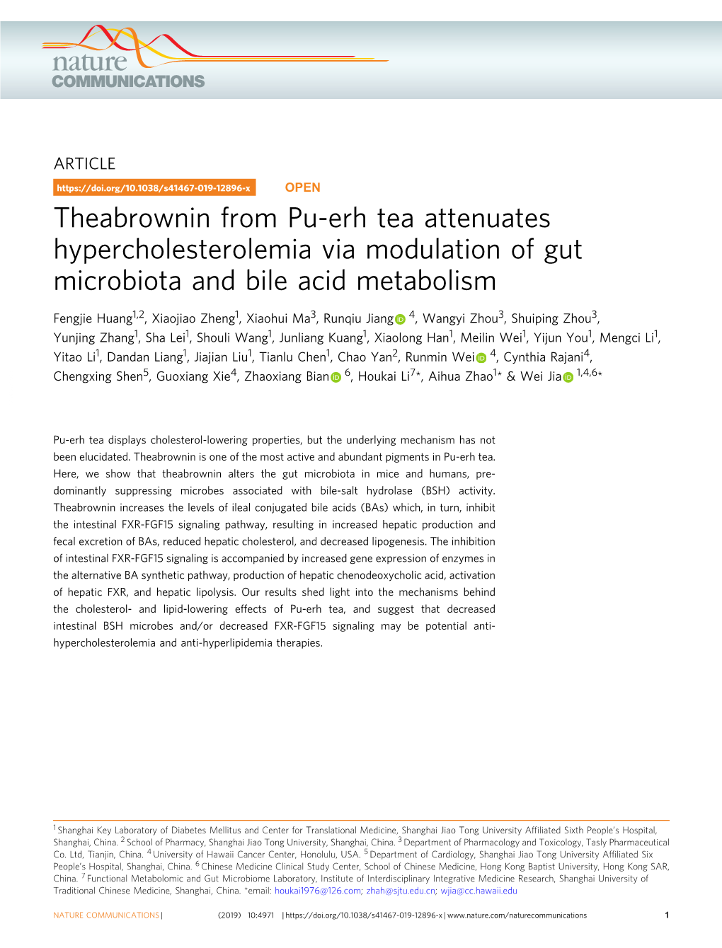 Theabrownin from Pu-Erh Tea Attenuates Hypercholesterolemia Via Modulation of Gut Microbiota and Bile Acid Metabolism