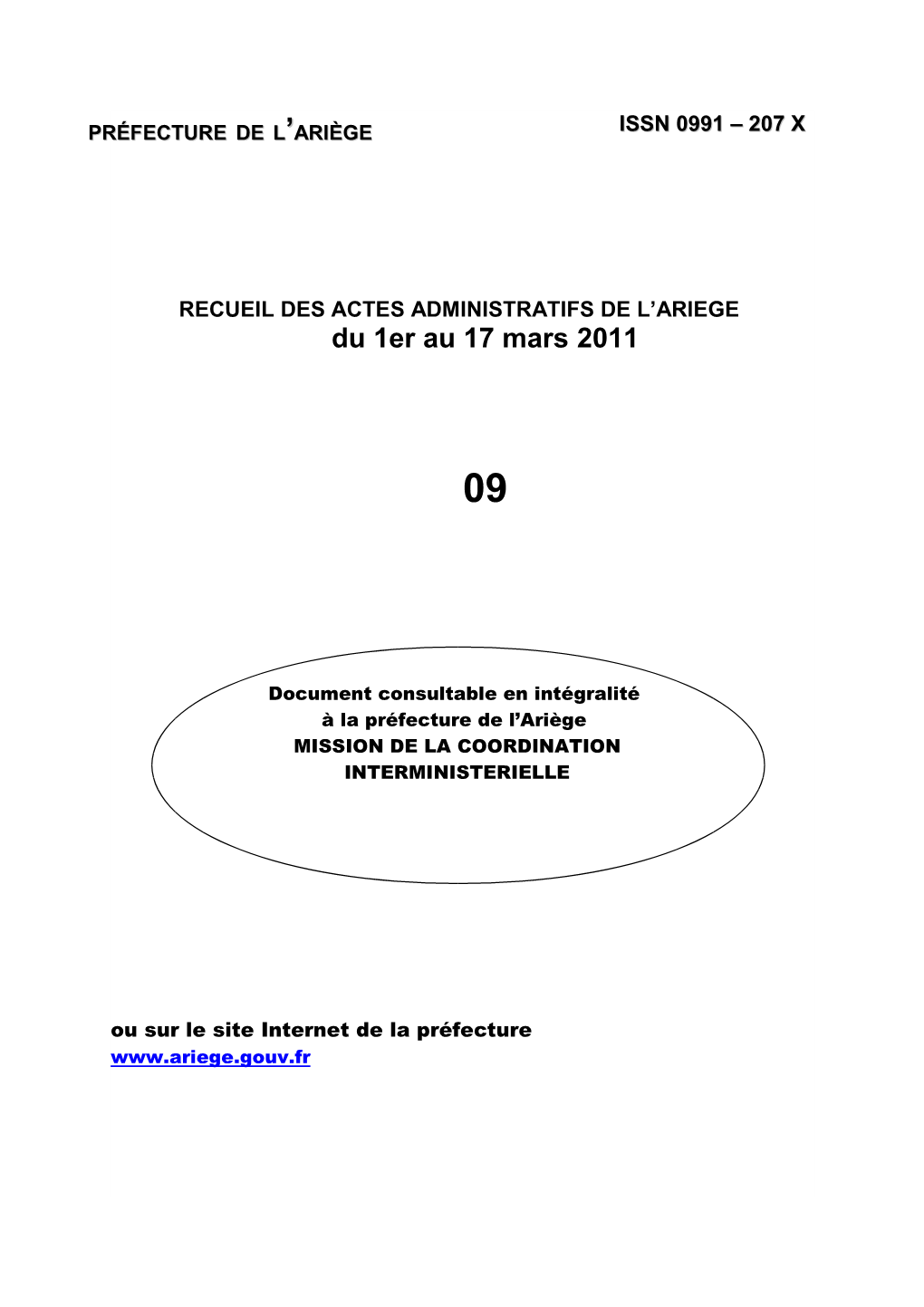 Recueil Des Actes Administratifs Du 1Er Au 17 Mars 2011