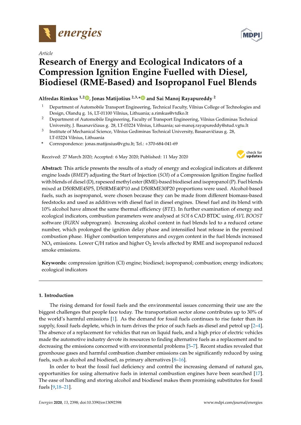 Research of Energy and Ecological Indicators of a Compression Ignition Engine Fuelled with Diesel, Biodiesel (RME-Based) and Isopropanol Fuel Blends