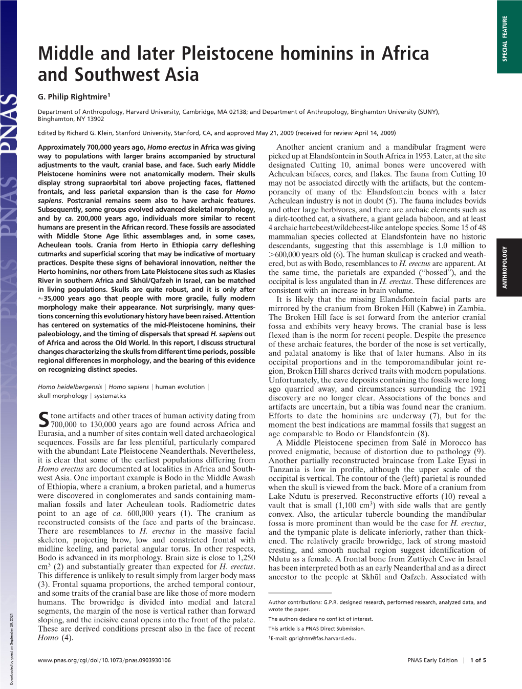 Middle and Later Pleistocene Hominins in Africa and Southwest Asia