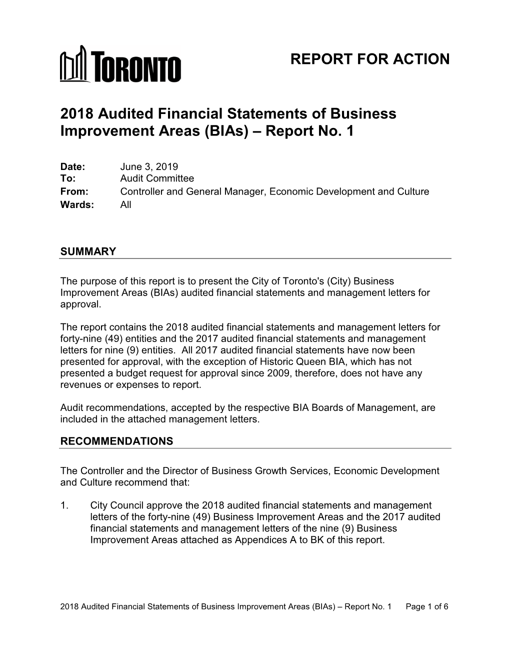 2018 Audited Financial Statements of Business Improvement Areas (Bias) – Report No. 1