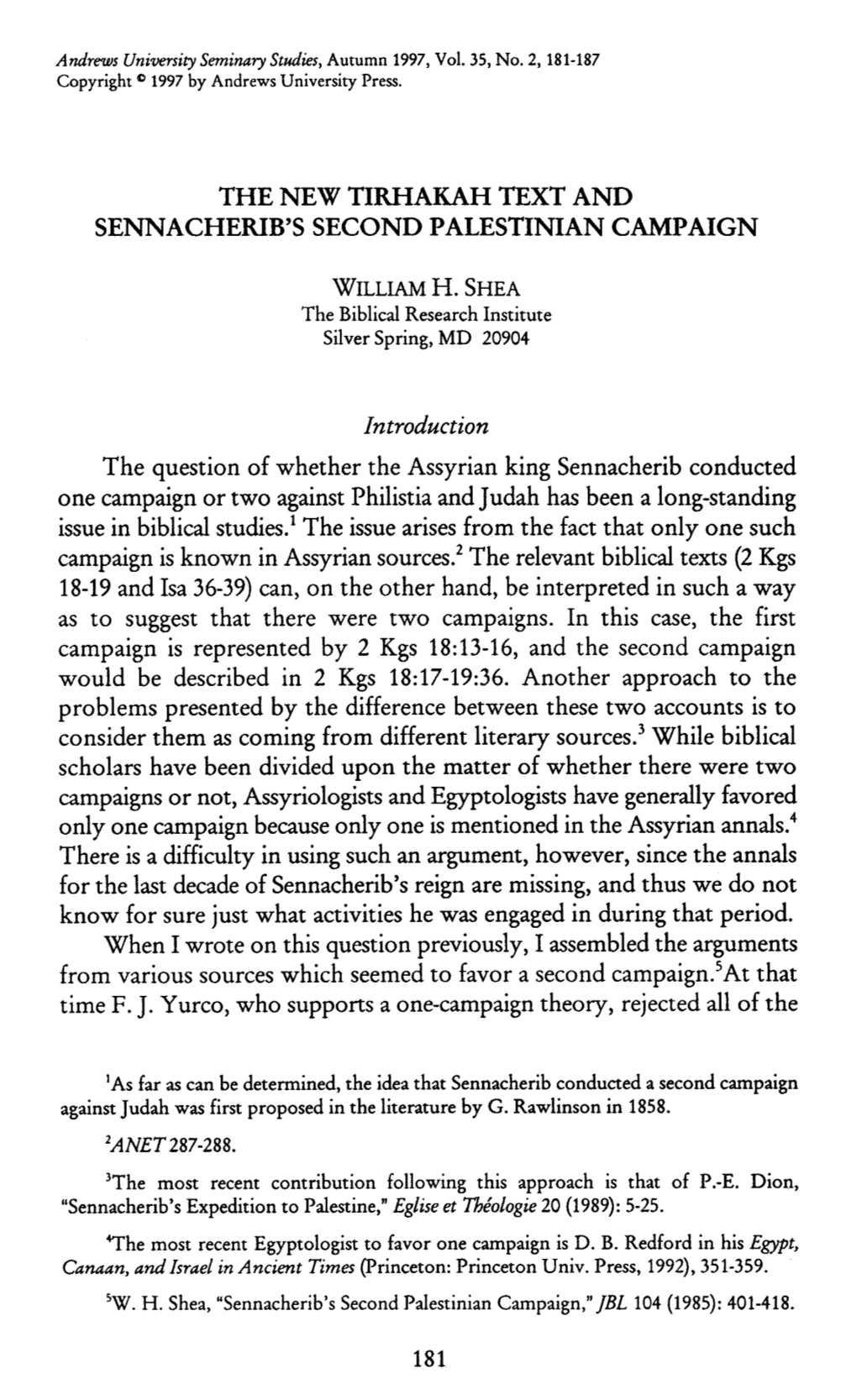 The New Tirhakah Text a N D Sennacherib's Second
