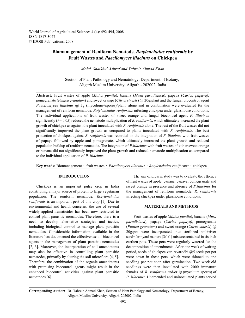 Biomanagement of Reniform Nematode, Rotylenchulus Reniformis by Fruit Wastes and Paecilomyces Lilacinus on Chickpea