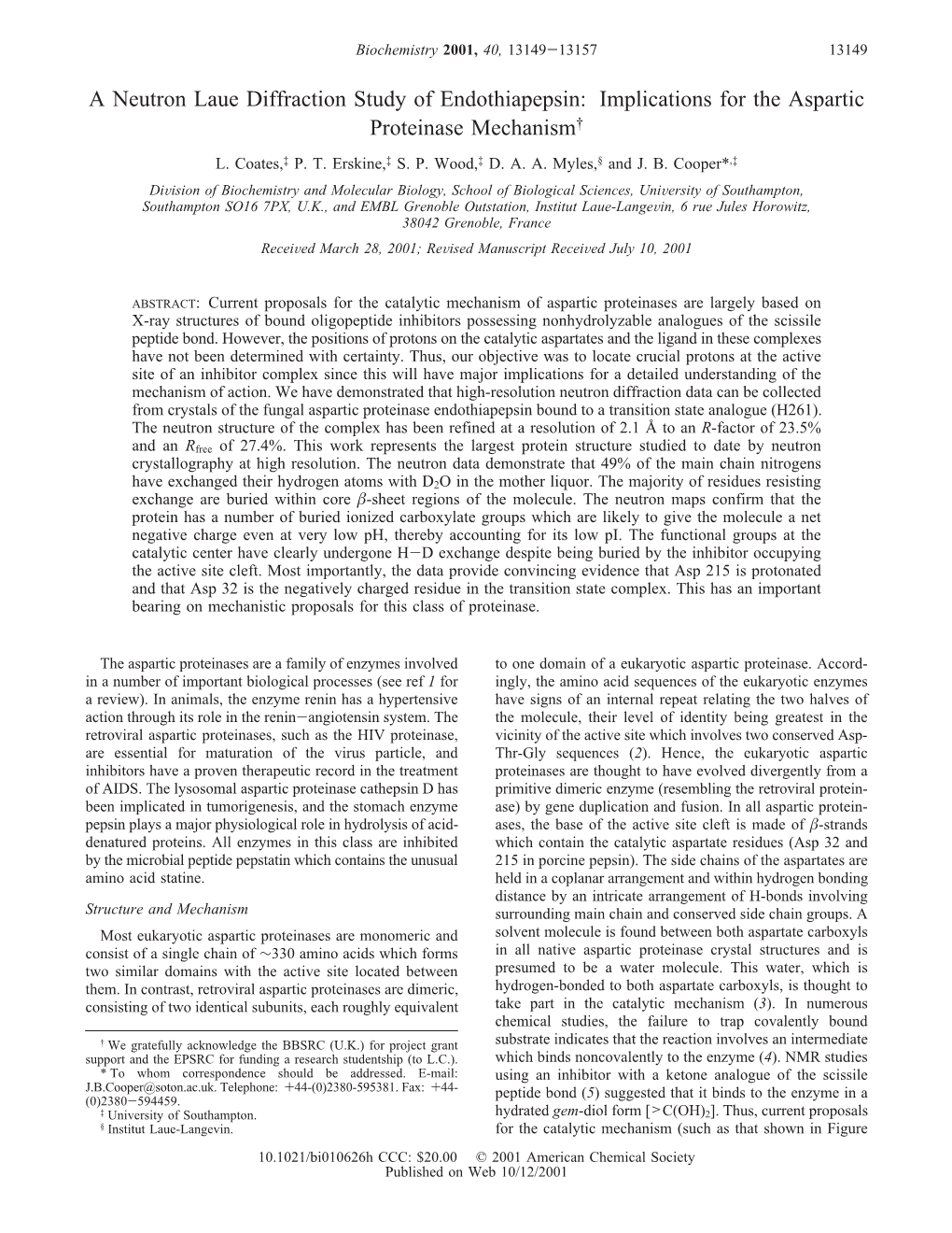 A Neutron Laue Diffraction Study of Endothiapepsin: Implications for the Aspartic Proteinase Mechanism† L