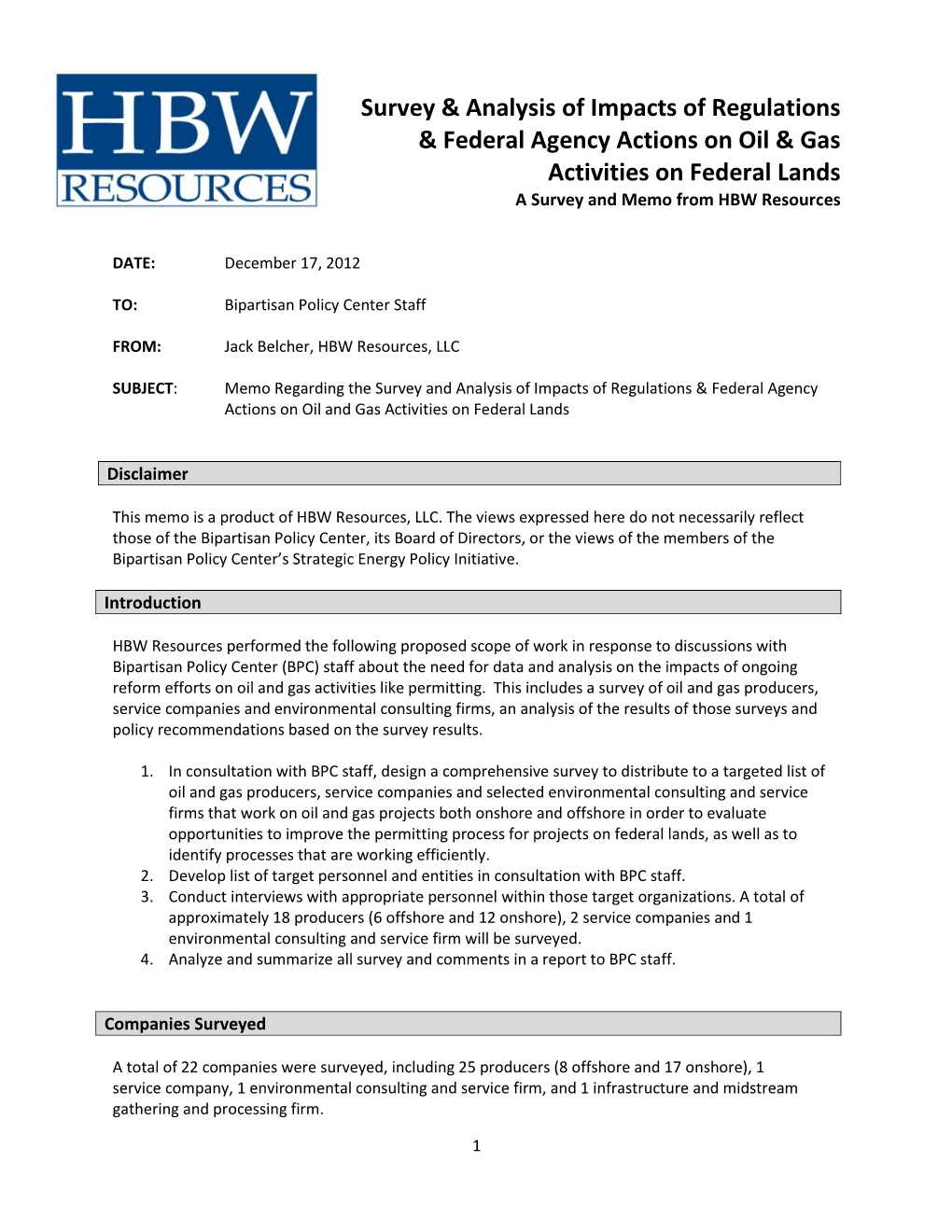 Survey & Analysis of Impacts of Regulations & Federal Agency