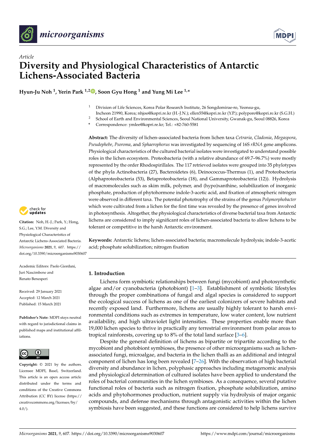 Diversity and Physiological Characteristics of Antarctic Lichens-Associated Bacteria