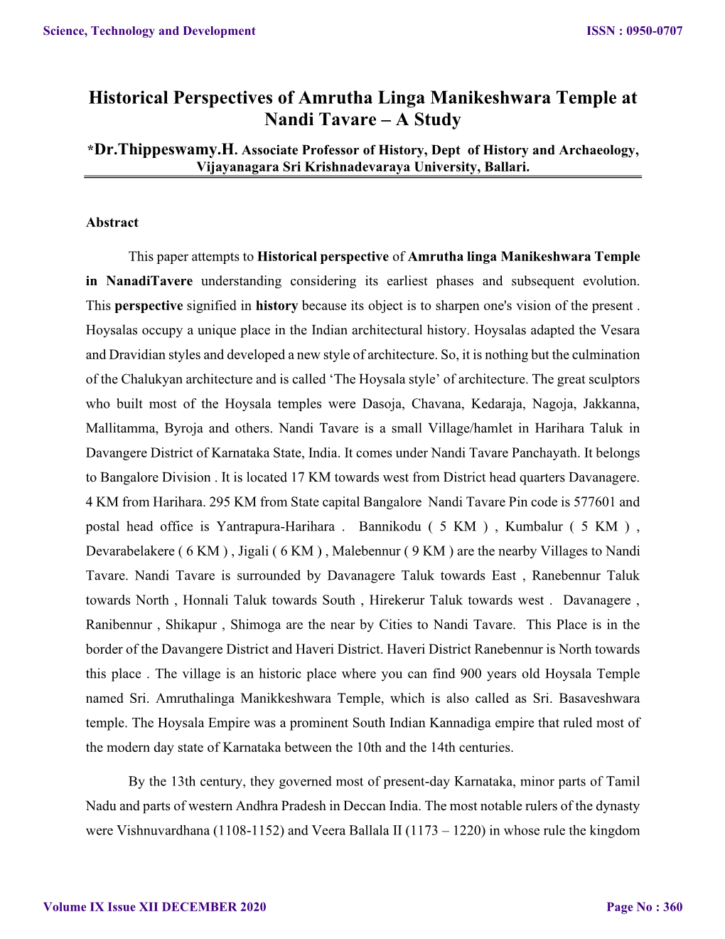 Historical Perspectives of Amrutha Linga Manikeshwara Temple at Nandi Tavare – a Study *Dr.Thippeswamy.H