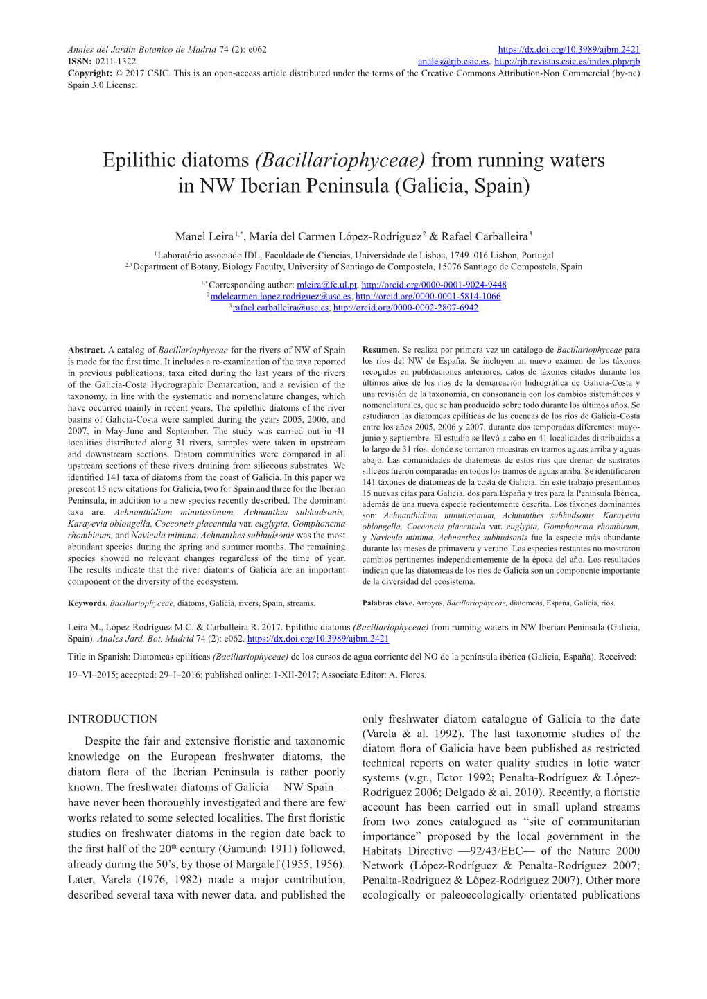 Epilithic Diatoms (Bacillariophyceae) from Running Waters in NW Iberian Peninsula (Galicia, Spain)