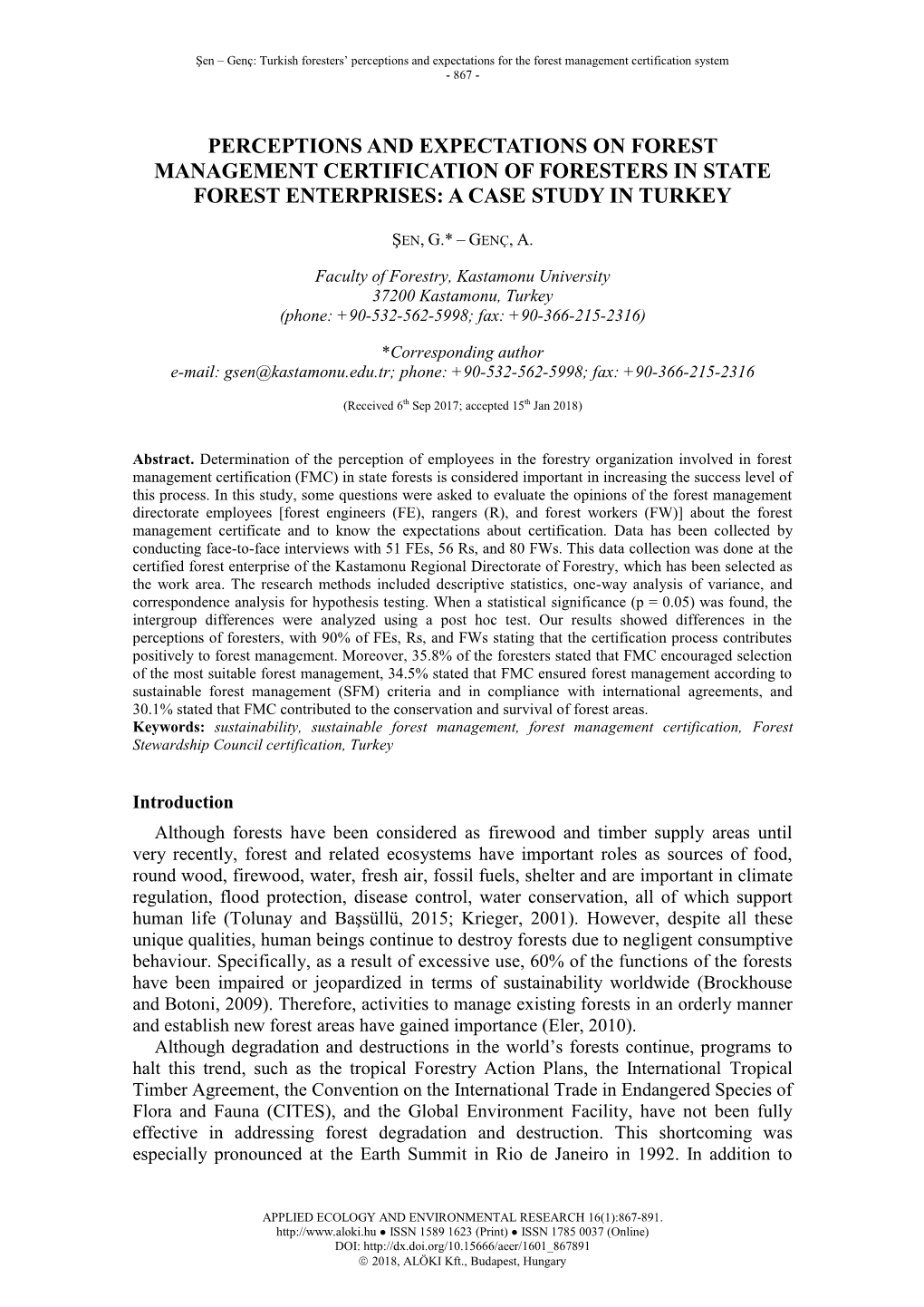 Perceptions and Expectations on Forest Management Certification of Foresters in State Forest Enterprises: a Case Study in Turkey