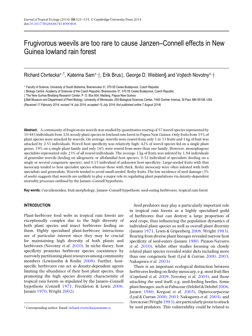 Frugivorous Weevils Are Too Rare to Cause Janzen–Connell Effects in New Guinea Lowland Rain Forest