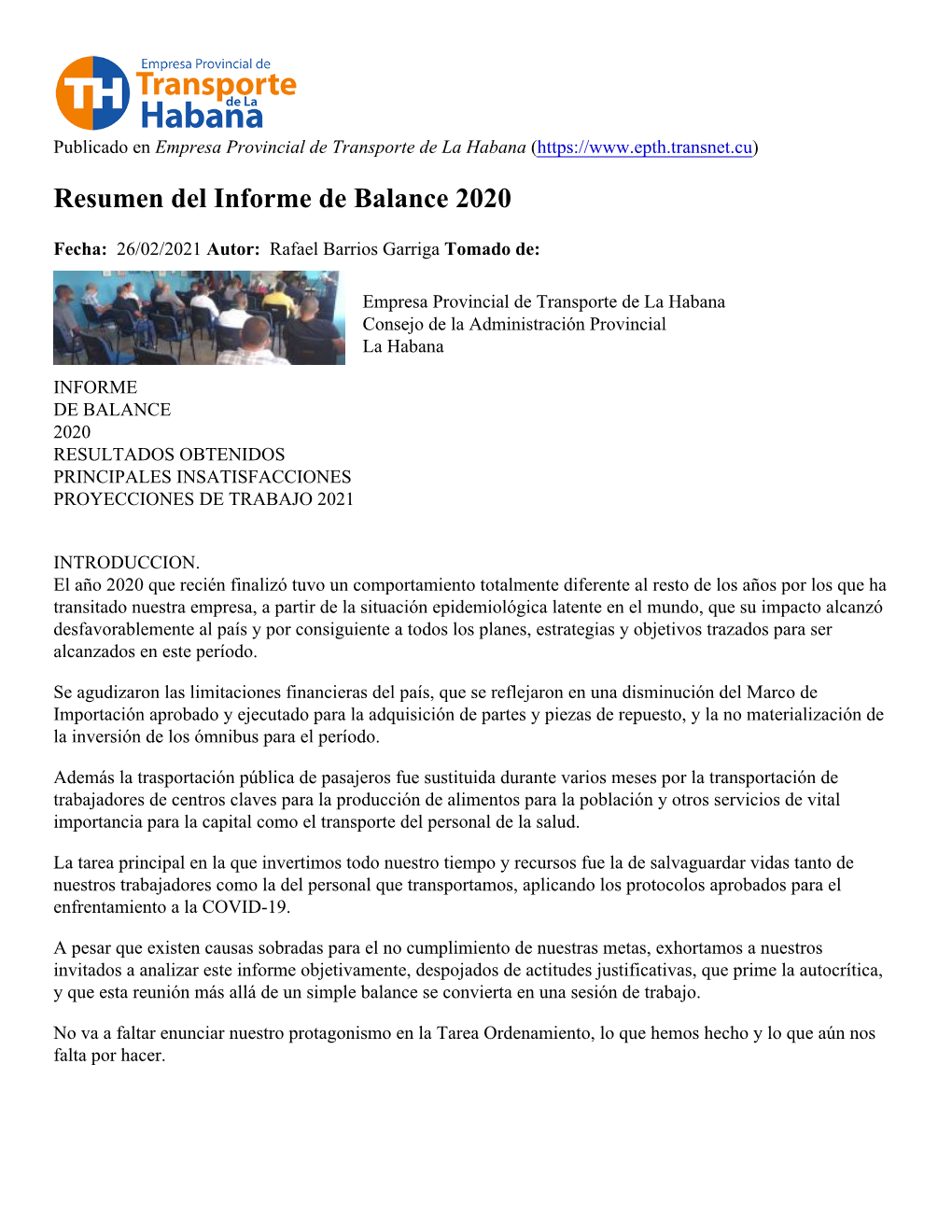 Resumen Del Informe De Balance 2020