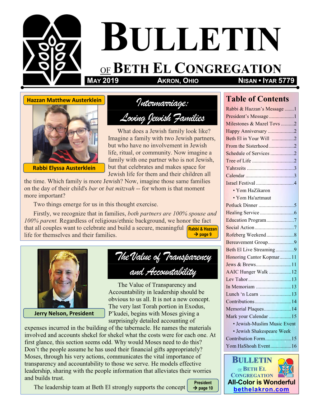 Beth El Congregation May 2019 Akron, Ohio Nisan • Iyar 5779