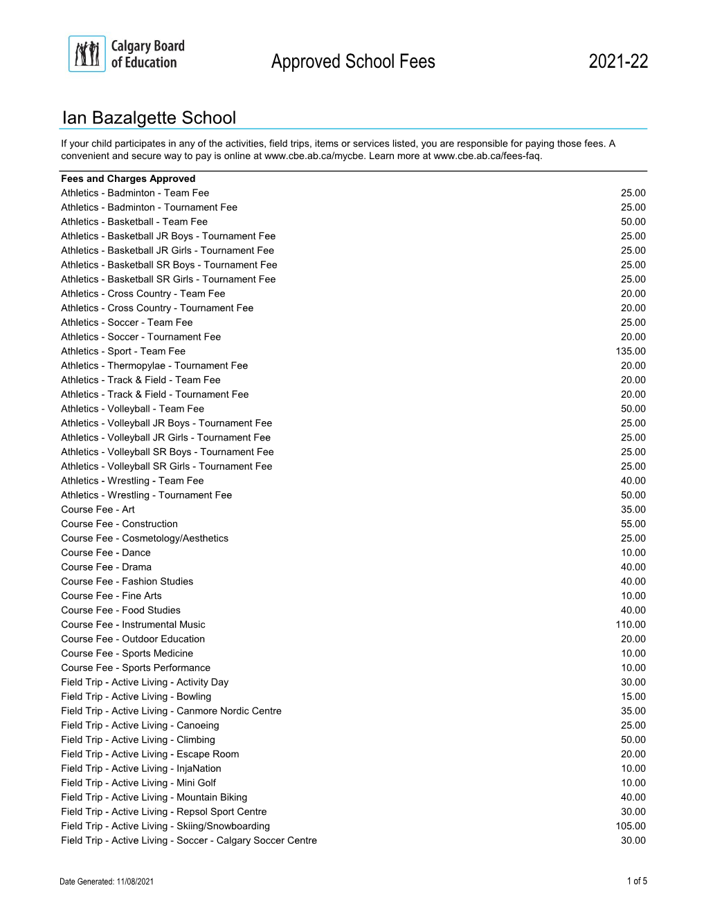 Ian Bazalgette School | Approved Fees