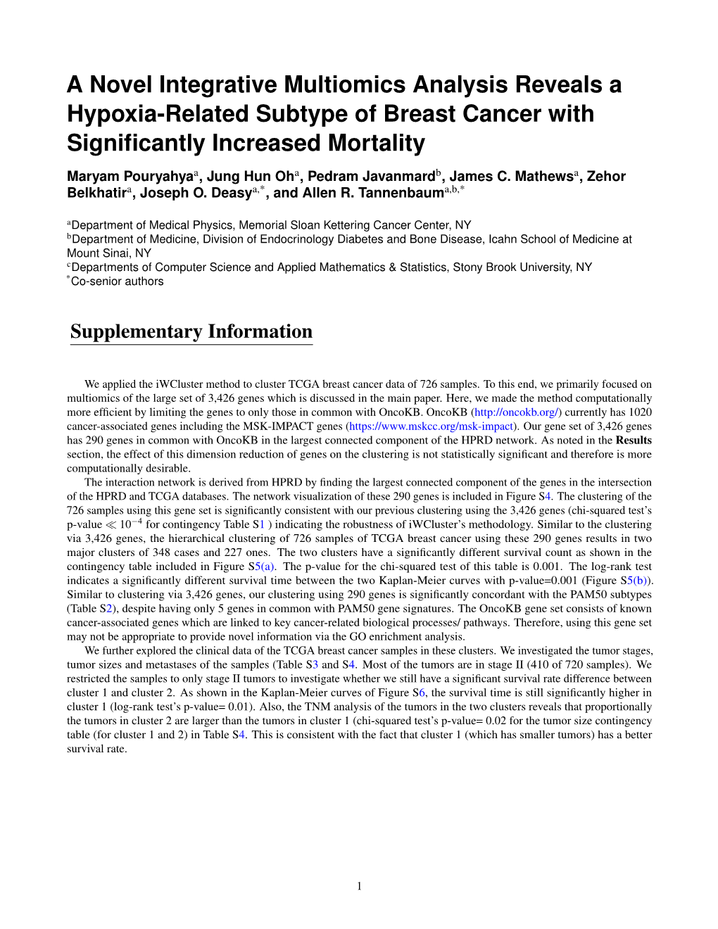 A Novel Integrative Multiomics Analysis Reveals a Hypoxia-Related Subtype of Breast Cancer with Signiﬁcantly Increased Mortality