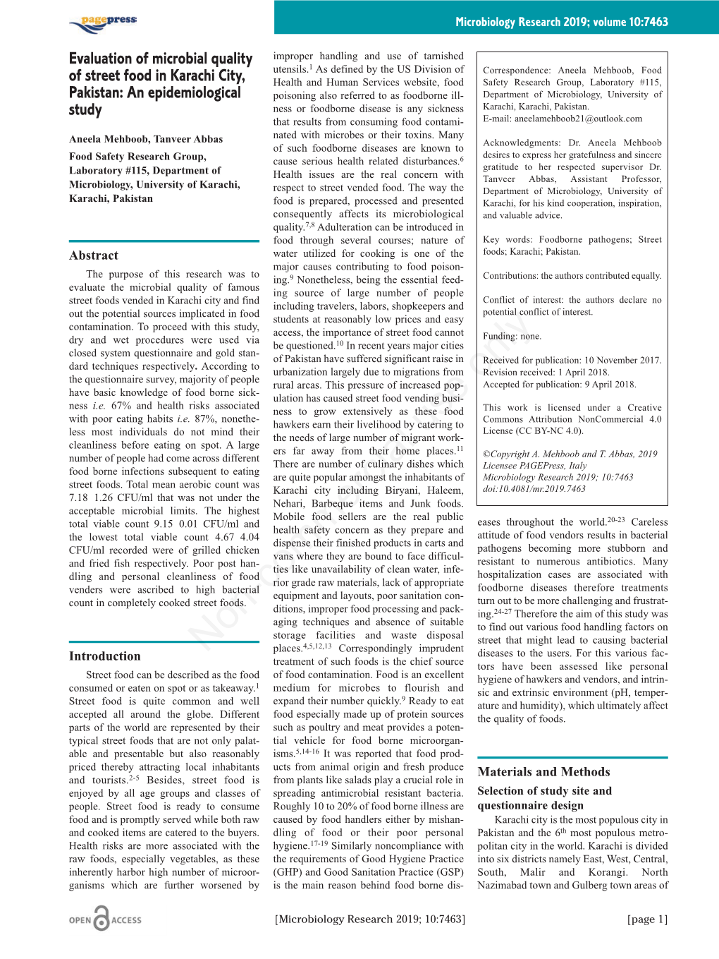 Evaluation of Microbial Quality of Street Food in Karachi City