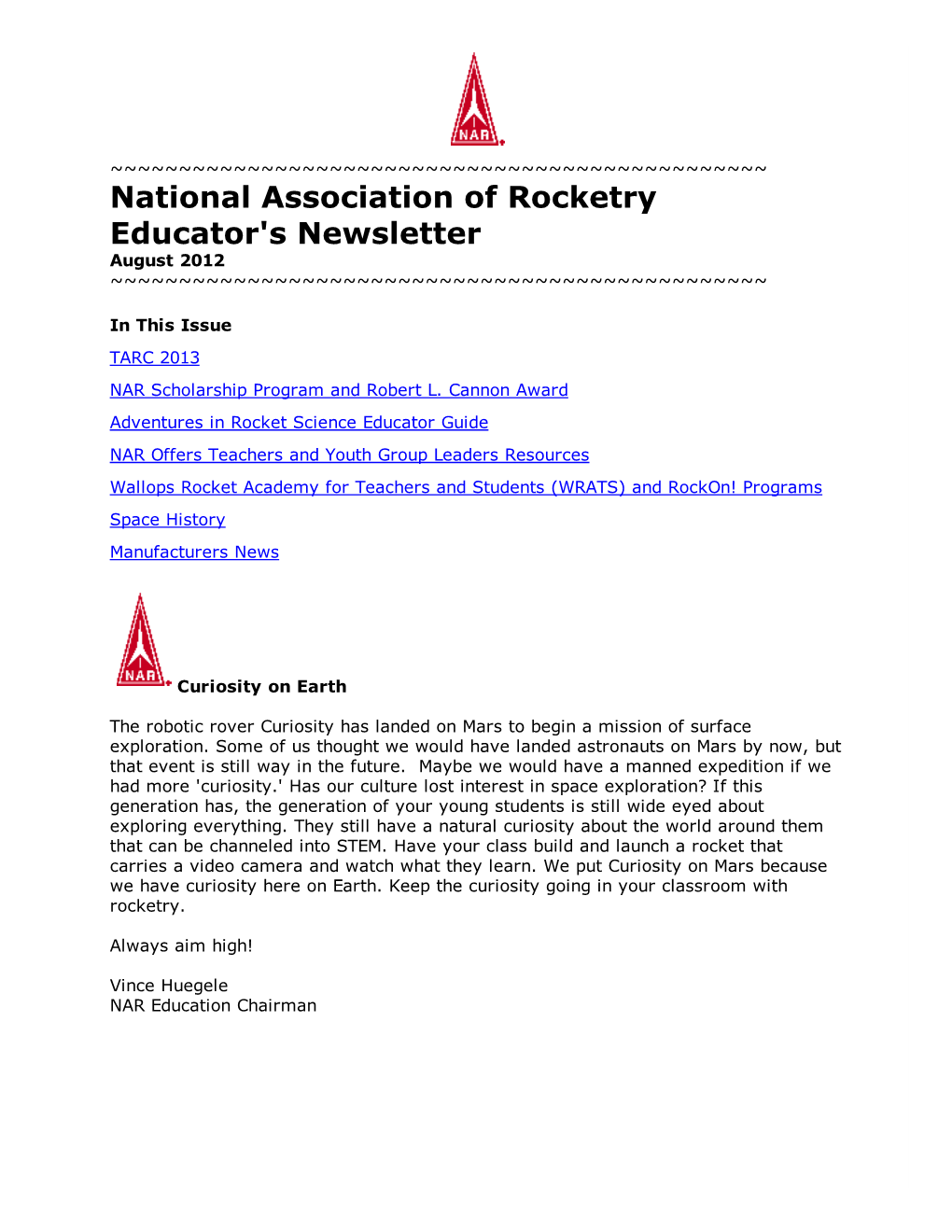 National Association of Rocketry Educator's Newsletter August 2012 ~~~~~~~~~~~~~~~~~~~~~~~~~~~~~~~~~~~~~~~~~~~~~~~~