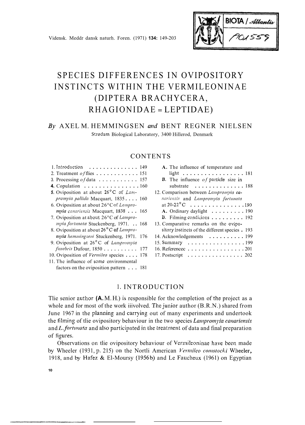 Species Differences in Ovipository Instincts Within the Vermileoninae (Diptera Brachycera, Rhagionidae = Leptidae)