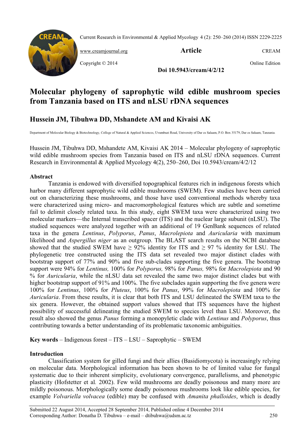 Molecular Phylogeny of Saprophytic Wild Edible Mushroom Species from Tanzania Based on ITS and Nlsu Rdna Sequences