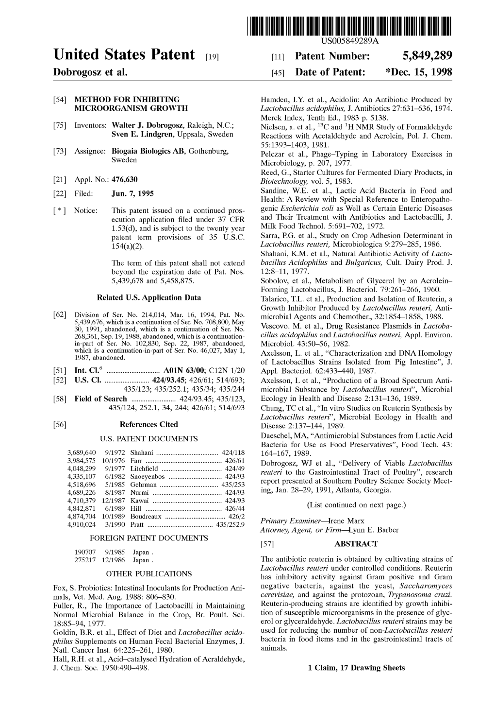 United States Patent (19) 11 Patent Number: 5,849,289 Dobrogosz Et Al