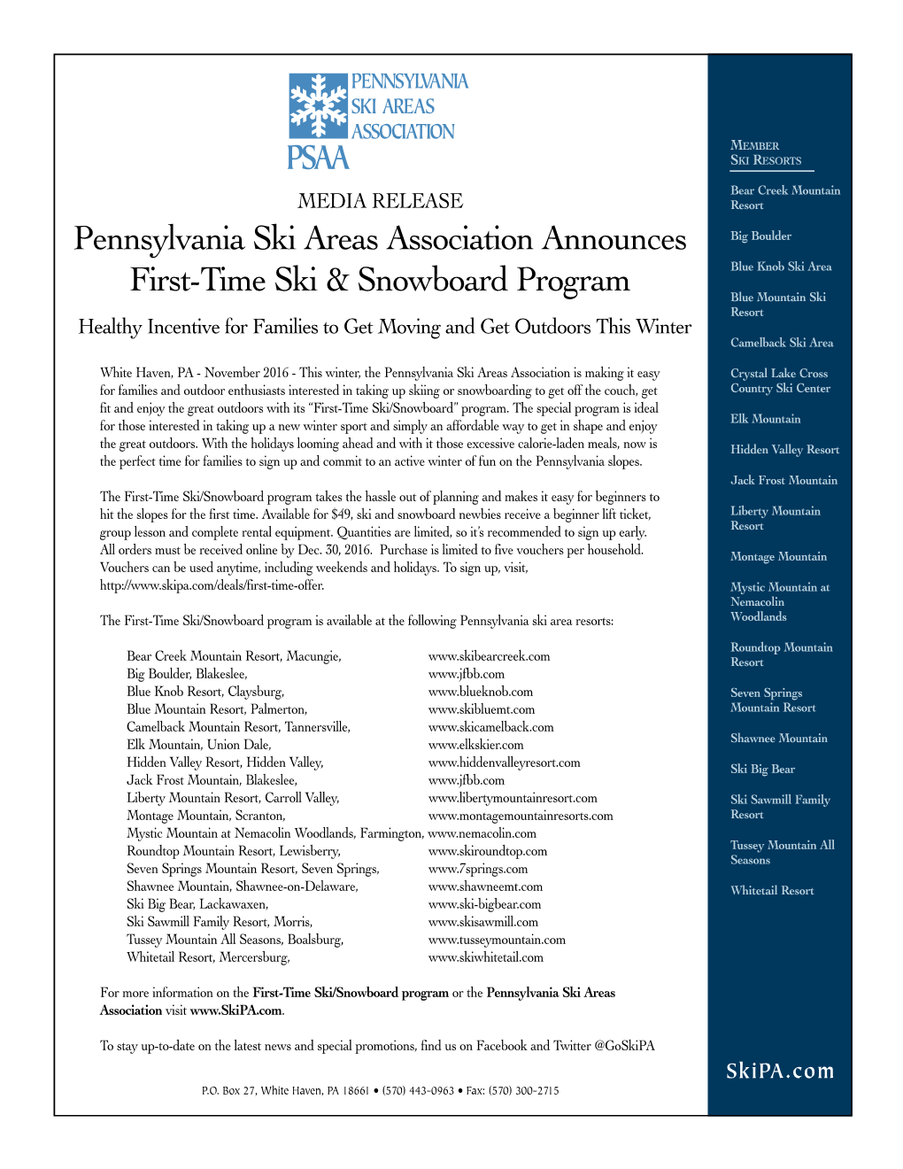 Pennsylvania Ski Areas Association Announces First-Time Ski & Snowboard Program