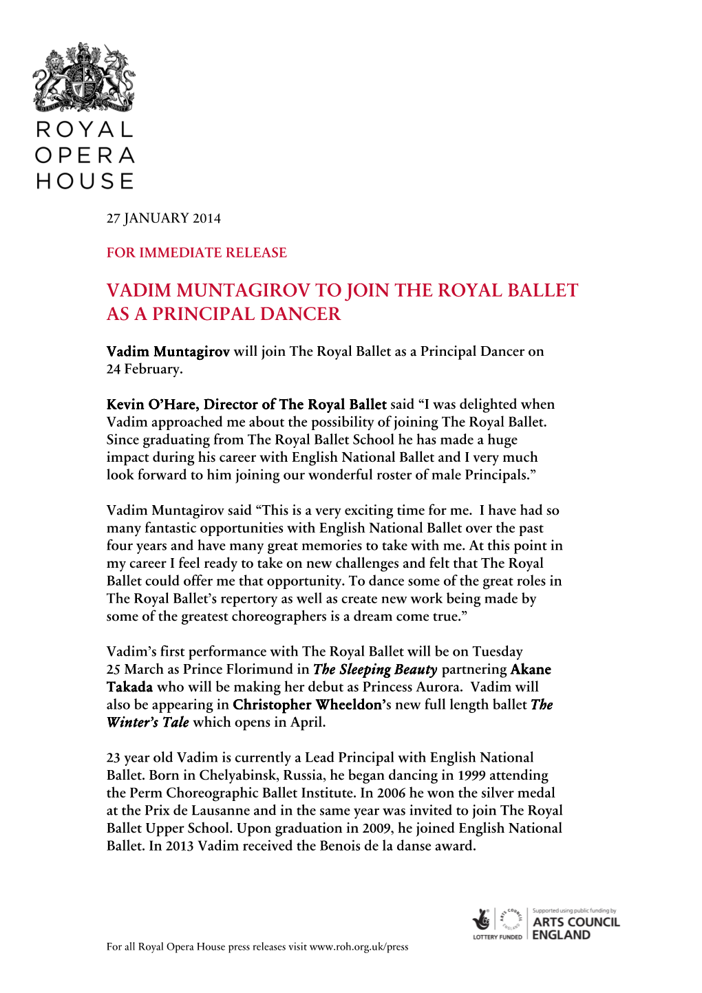 Vadim Muntagirov to Join the Royal Ballet As a Principal Dancer