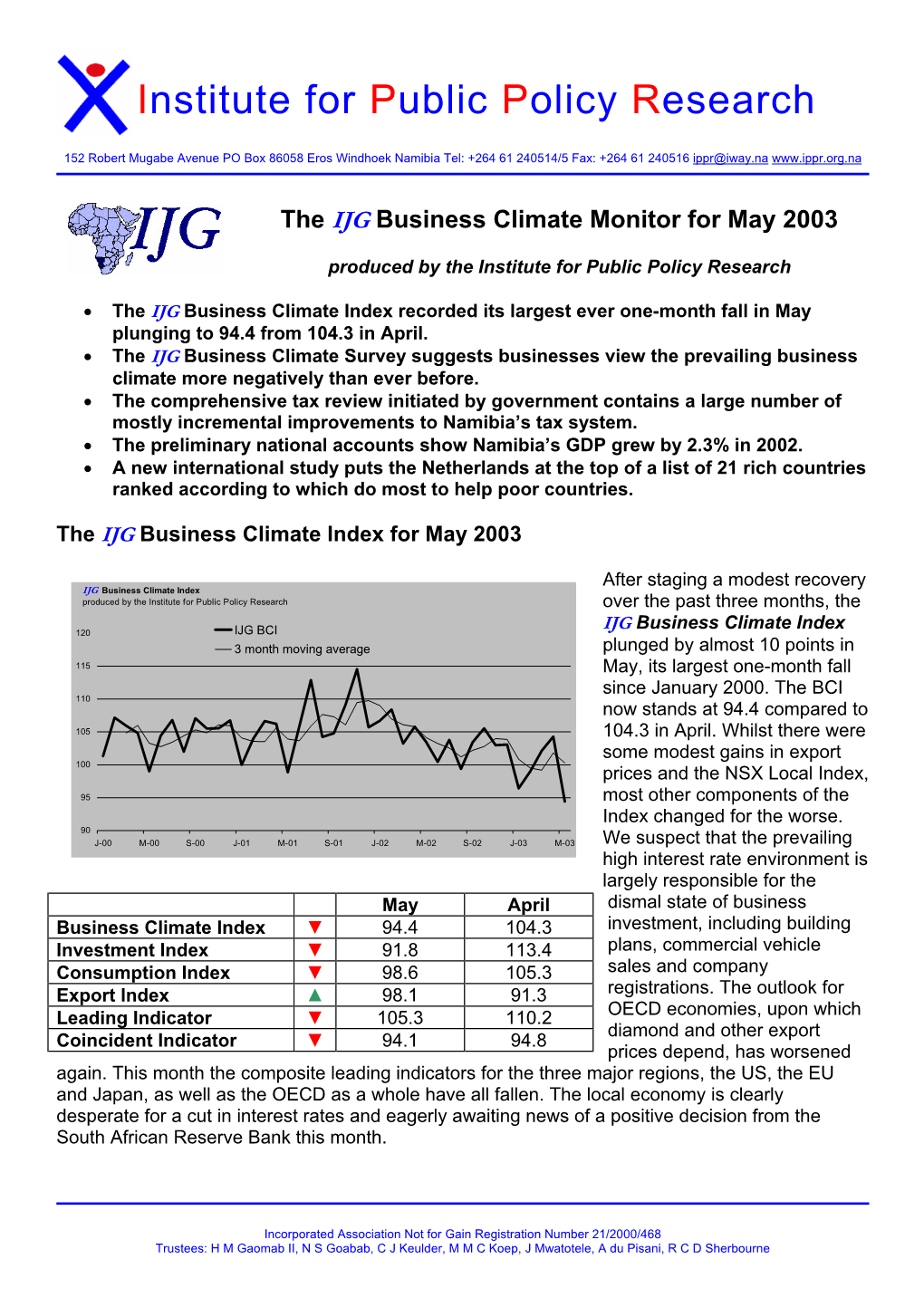 The IJG Business Climate Monitor for May 2003