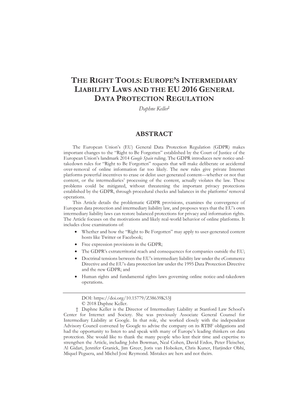 Europe's Intermediary Liability Laws and the EU 2016 General Data