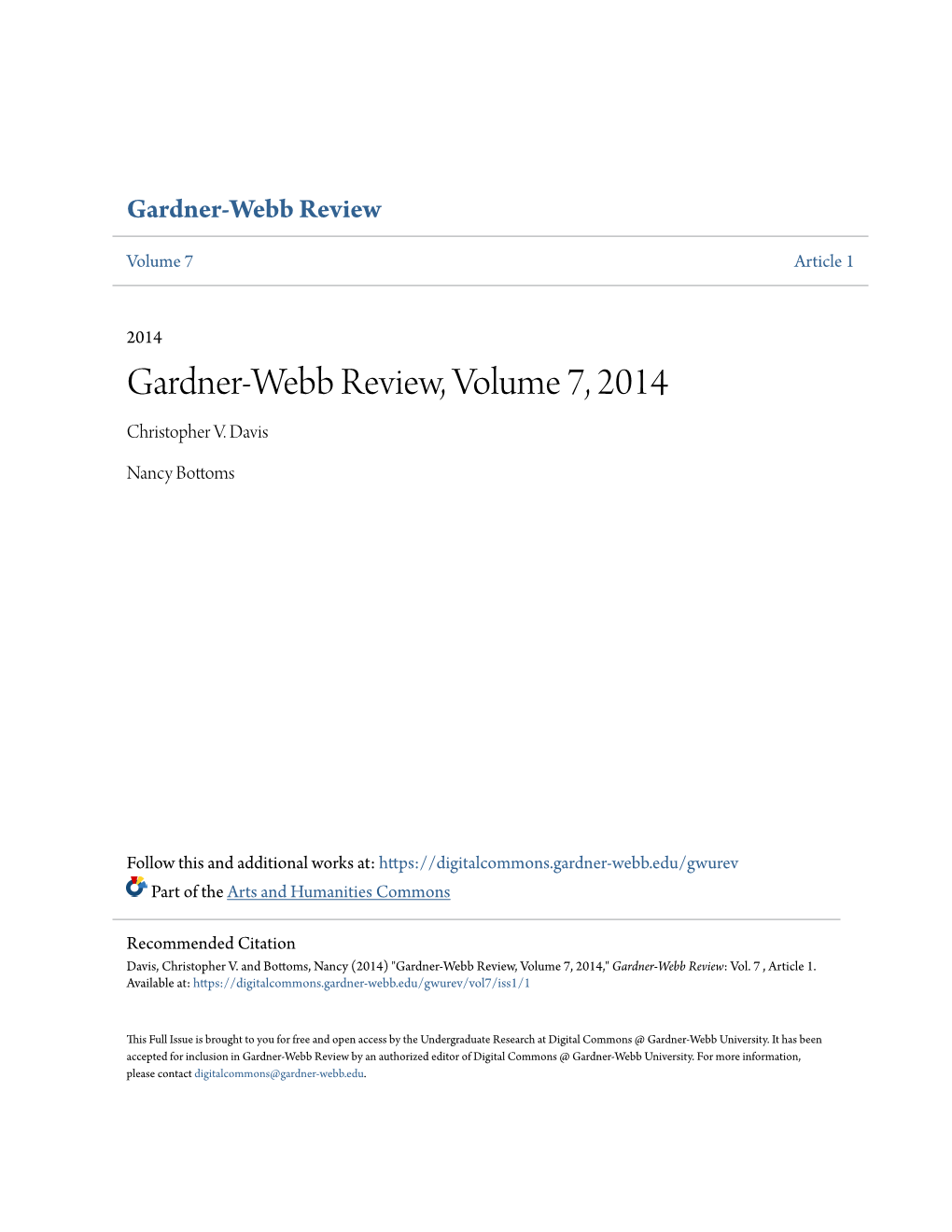 Gardner-Webb Review, Volume 7, 2014 Christopher V