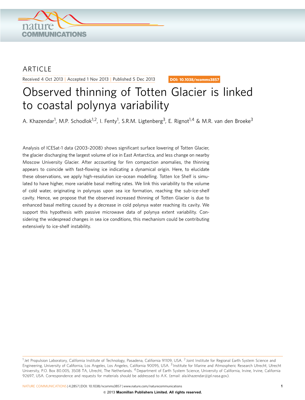 Observed Thinning of Totten Glacier Is Linked to Coastal Polynya Variability