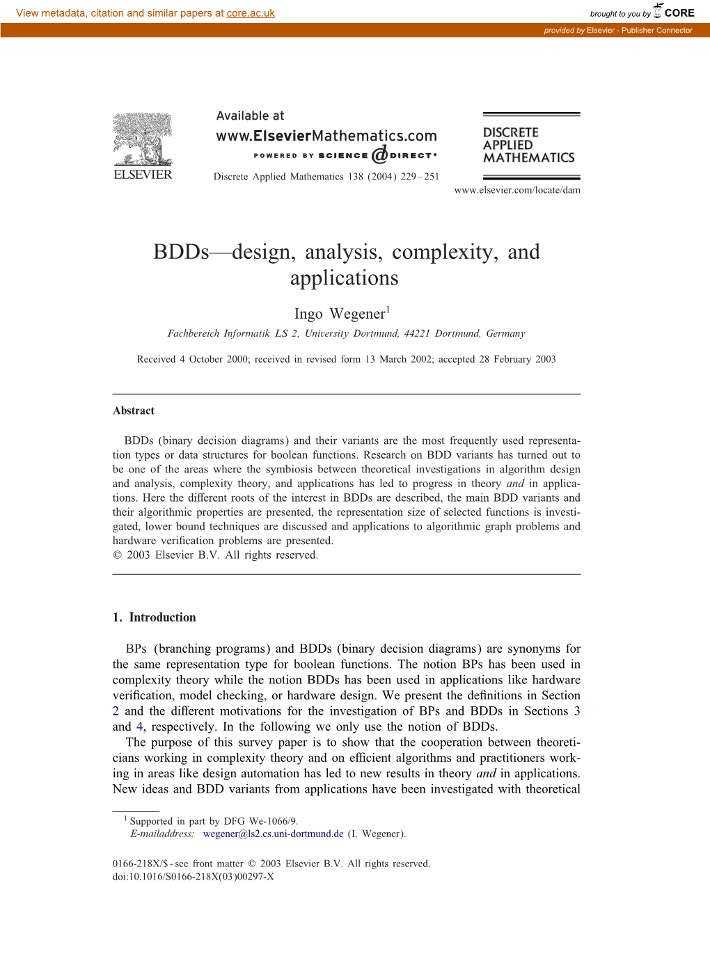 Bdds—Design, Analysis, Complexity, and Applications