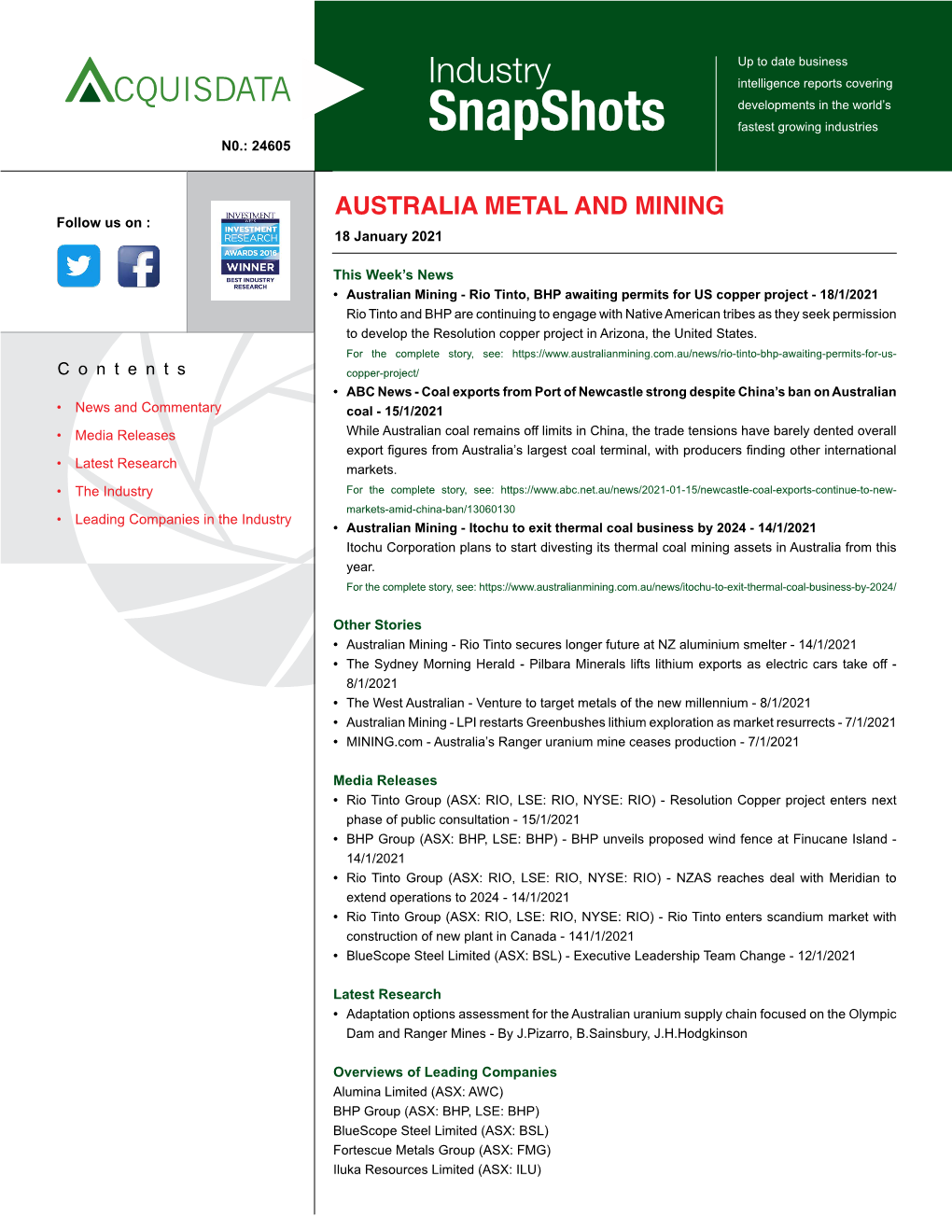 AUSTRALIA METAL and MINING 18 January 2021