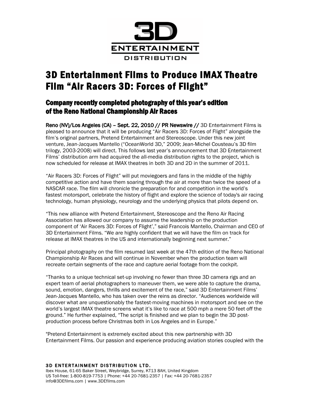 3D Entertainment Films to Produce IMAX Theatre Film “Air Racers 3D: Forces of Flight”