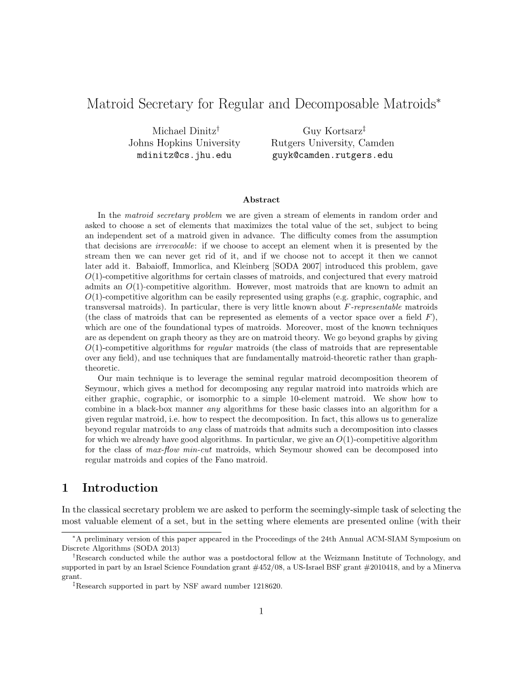 Matroid Secretary for Regular and Decomposable Matroids∗