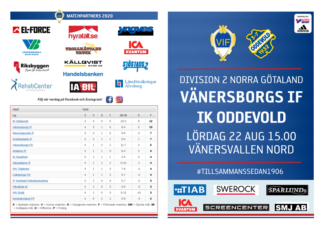 Vänersborgs If Ik Oddevold Lördag 22 Aug 15.00 Vänersvallen Nord