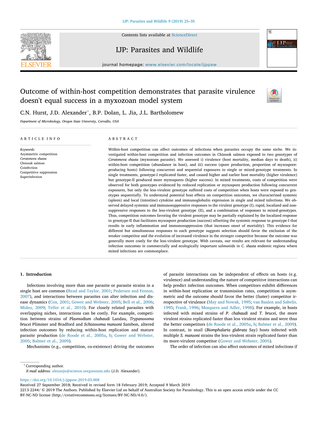 Outcome of Within-Host Competition Demonstrates That Parasite Virulence Doesn't Equal Success in a Myxozoan Model System T