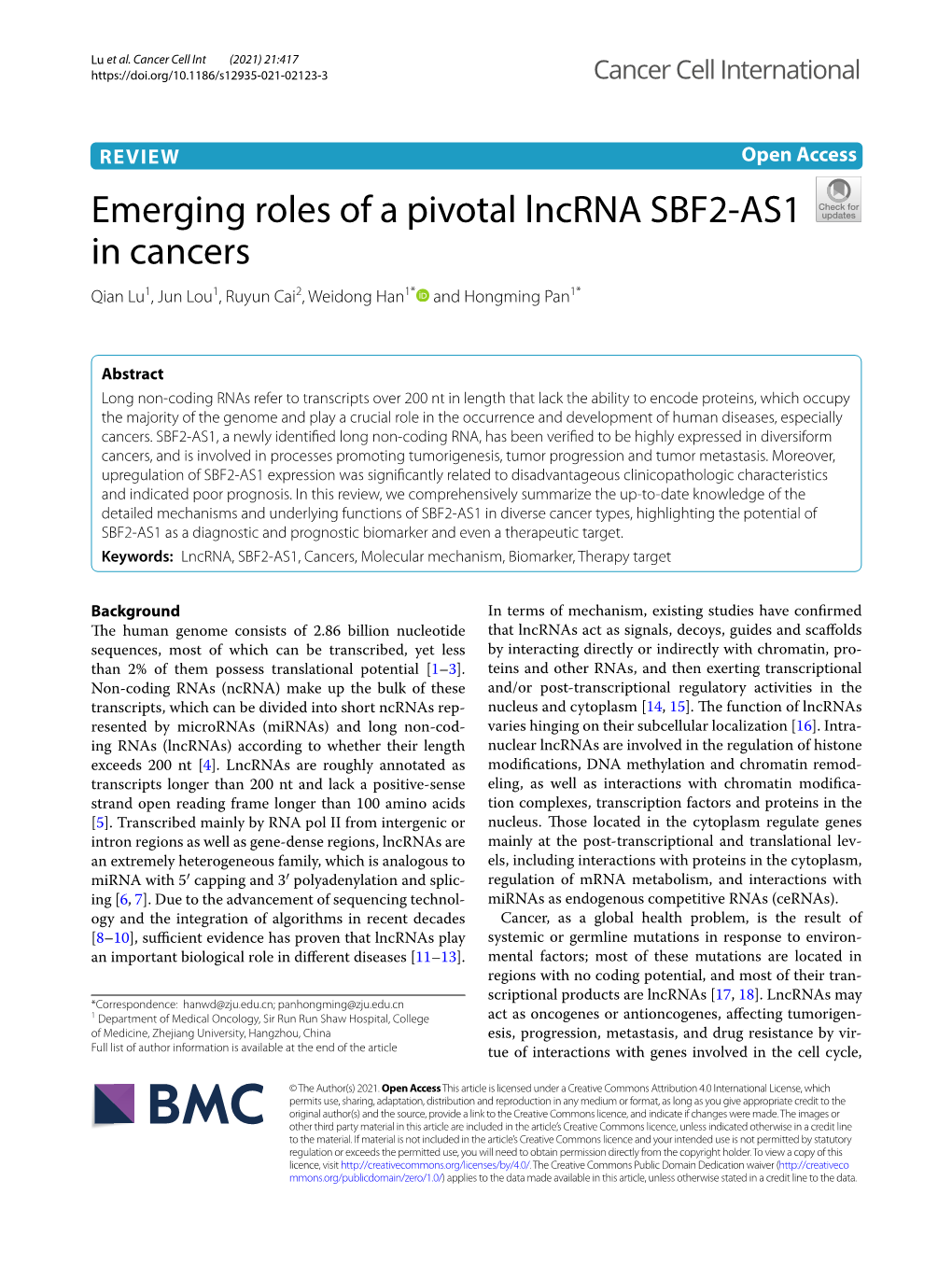 Emerging Roles of a Pivotal Lncrna SBF2-AS1 in Cancers
